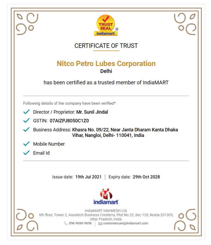 Nitco Lubricants Certification