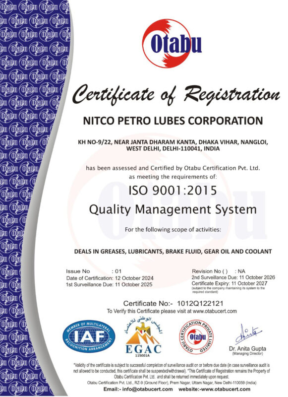 Nitco Lubricants Certification
